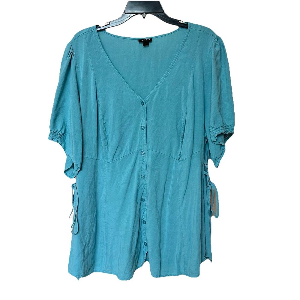 Torrid Top Womens 3 XL Blue V Neck Beach Peasant Retro Boho Y2K Lace Up Sides